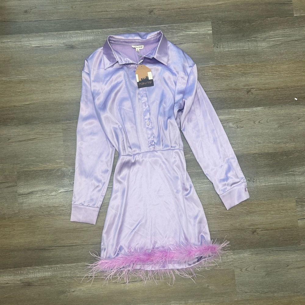 Main Strip Lilac Satin Dress with Feather Hem